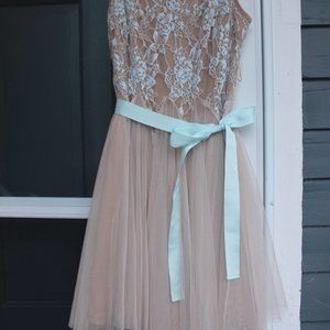 Boutique Tan Dress with Light Blue Lace, Large